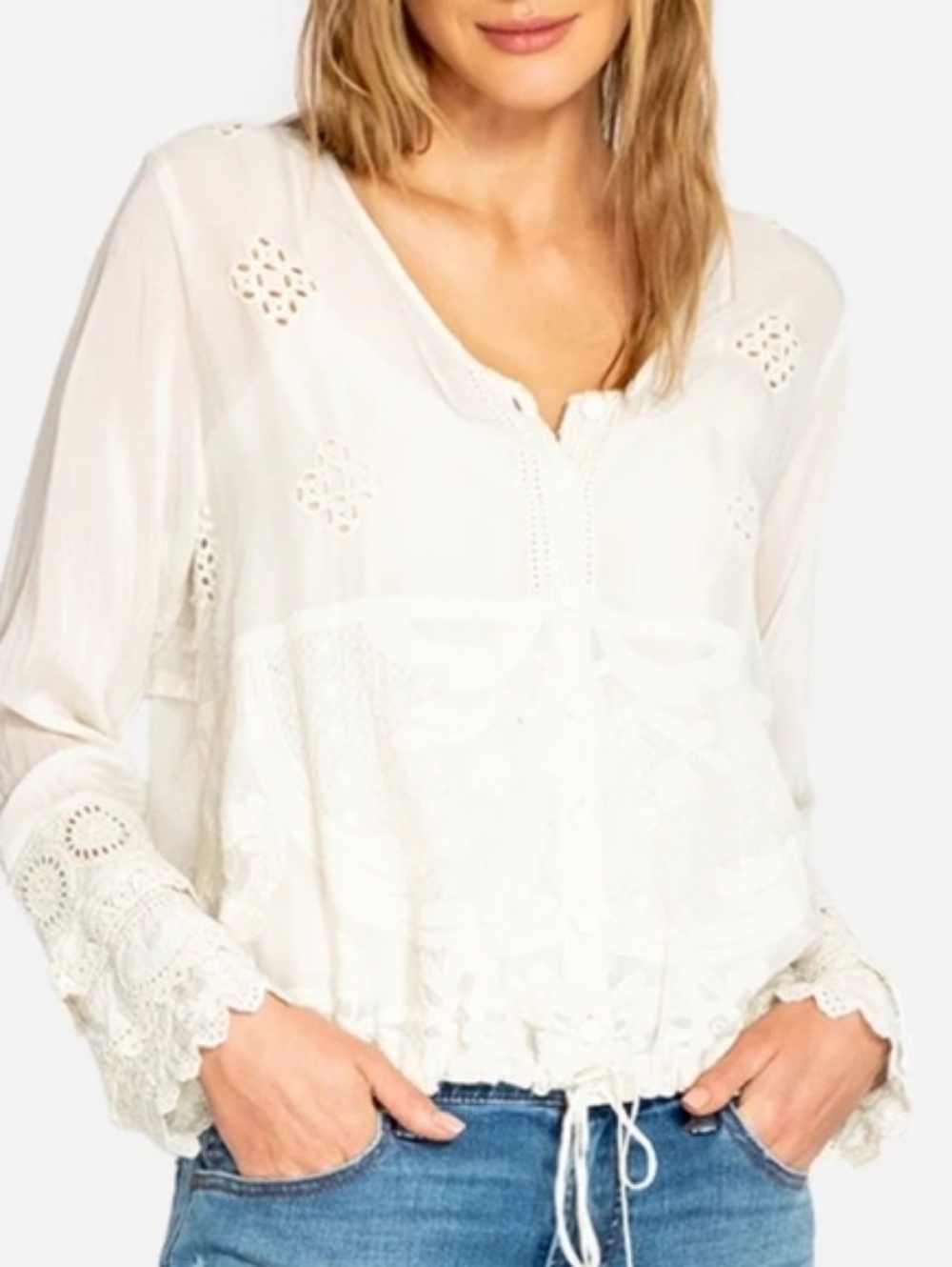 Johnny Was White Ivory Embroidered Boho Blouse - Size Small